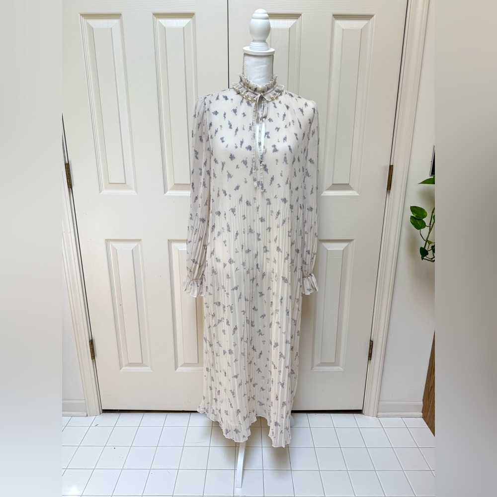 Ganni Floral Long Sleeve Plissé Georgette Midi Dress Sweet Lilac Pink Size 36